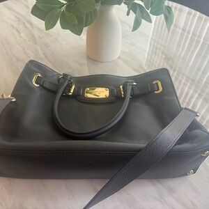 Michael Kors Hamilton Black Leather Satchel Bag with Gold Accents